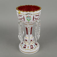 BOHEMIA Crystal Hand Painted White Cased Cranberry Lustres Set of 2