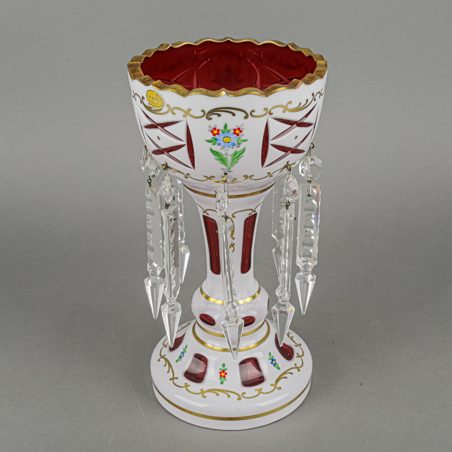 BOHEMIA Crystal Hand Painted White Cased Cranberry Lustres Set of 2