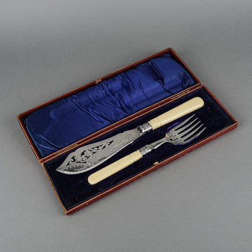 MARK WILLIS & SON French Ivory w/Sterling Bands Silver Plate Fish Servers