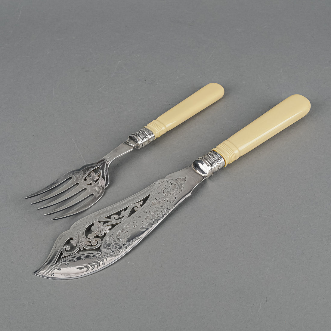 MARK WILLIS & SON French Ivory w/Sterling Bands Silver Plate Fish Servers