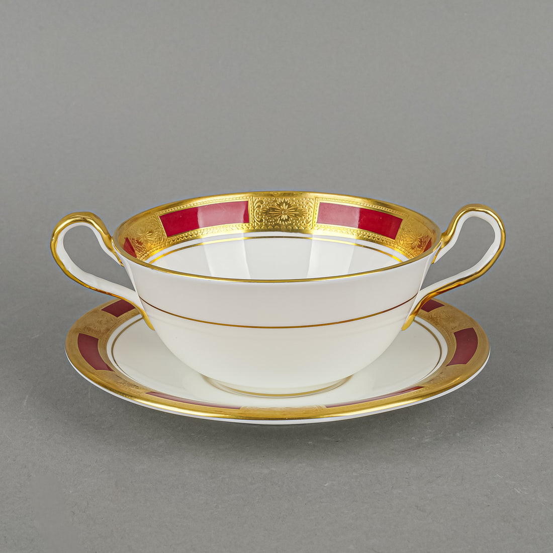 AYNSLEY Empress Maroon 8509 Cream Soup And Saucers Set of 10 Plus Extra