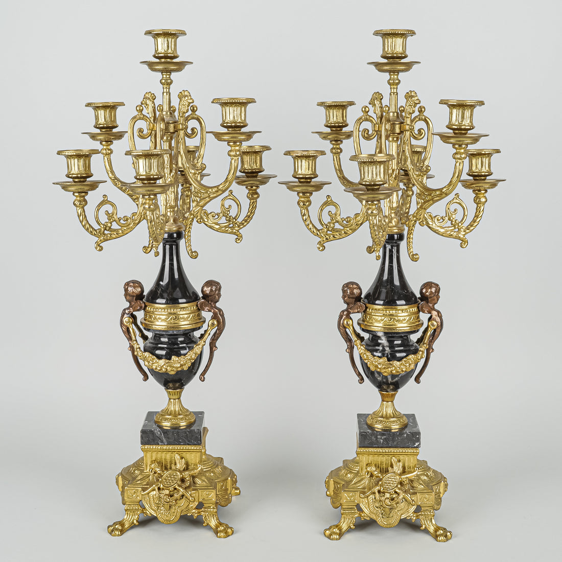 Cast Brass And Stone 7-Light Candelabra Set Of 2