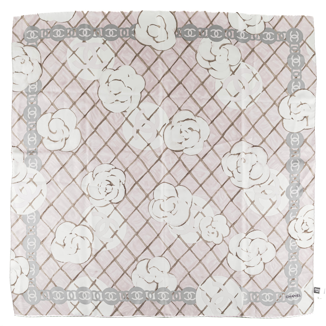 CHANEL CC Camellia Quilted Print Pink Silk Scarf