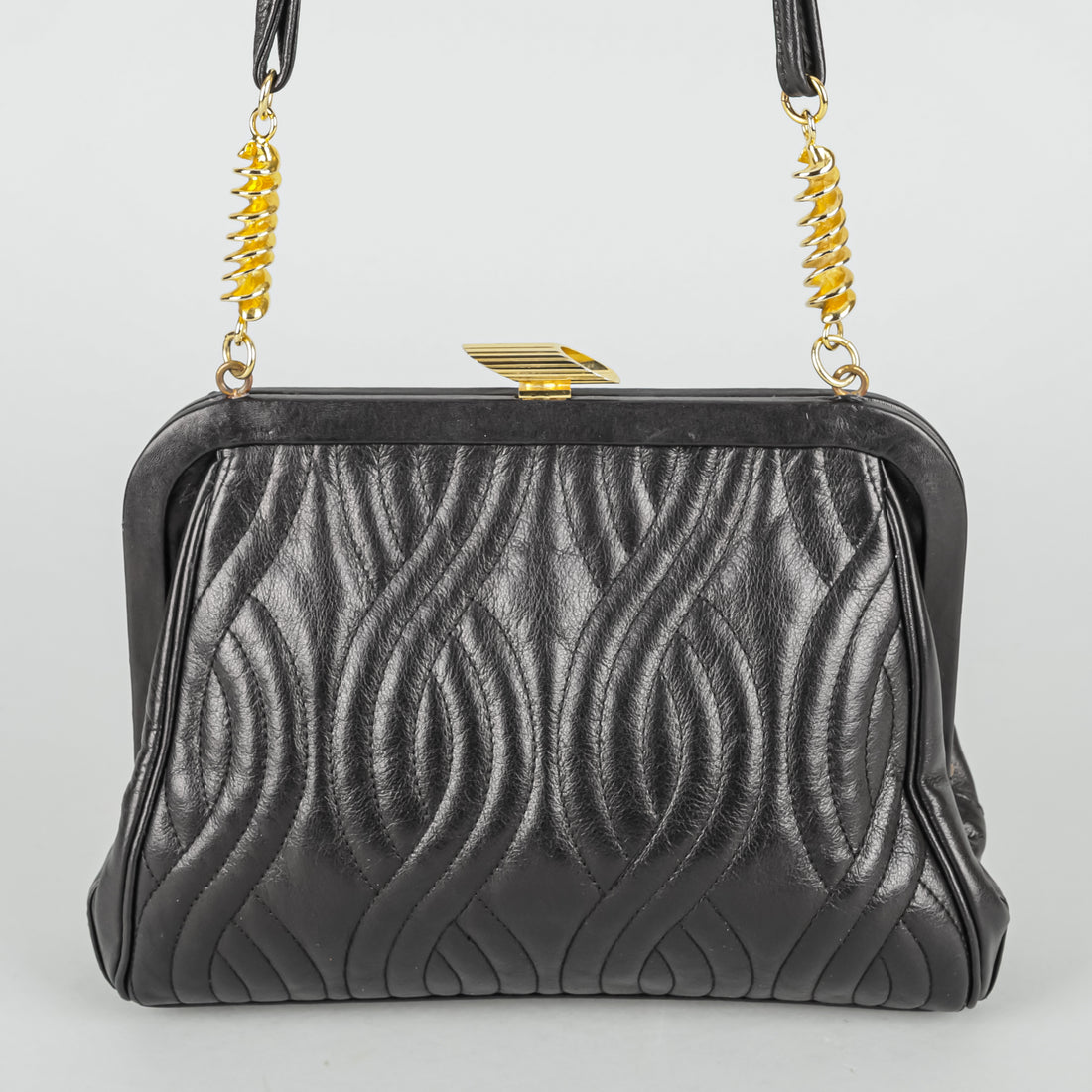 FENDI Vintage Black Leather Gold Tone Mixed Pasta Handbag