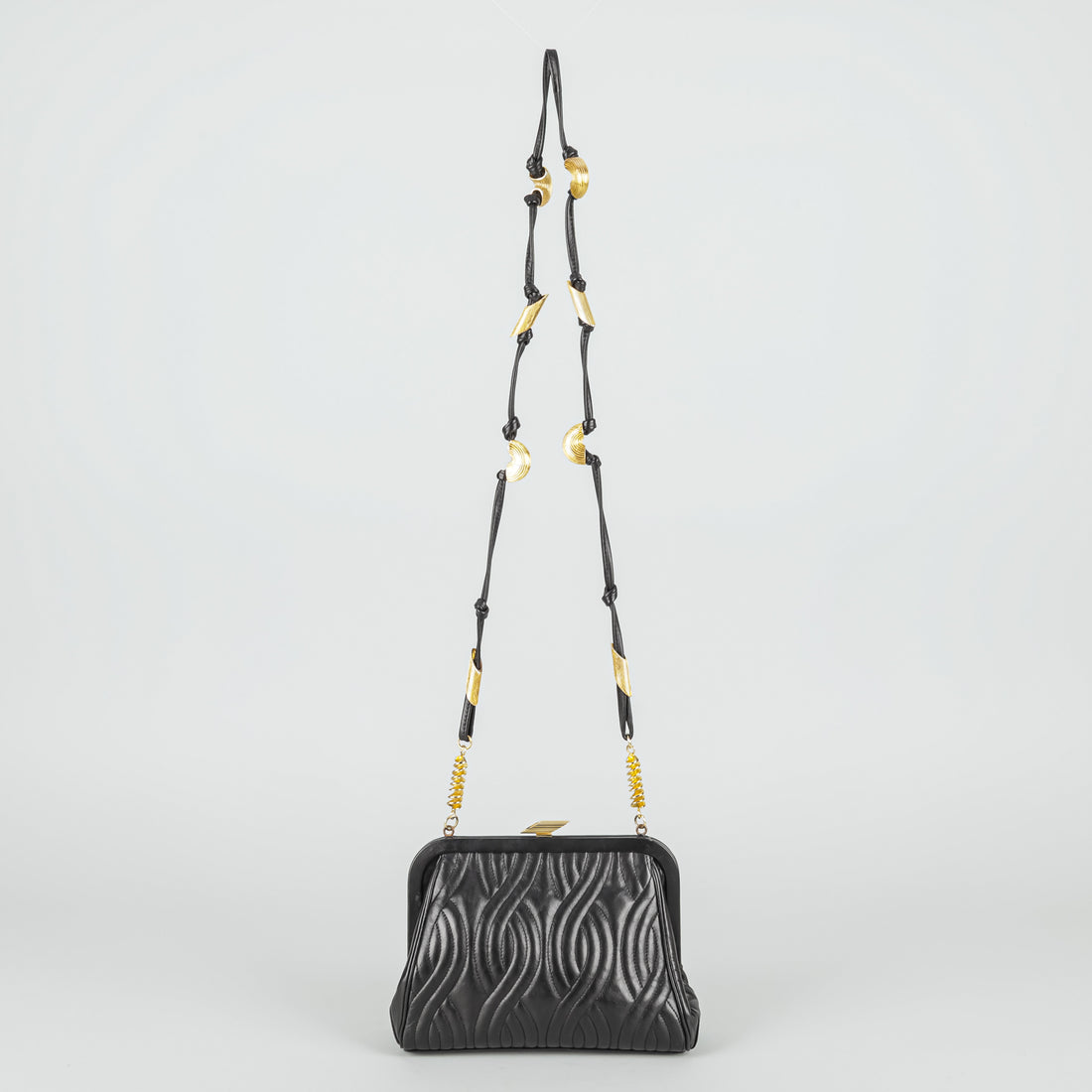 FENDI Vintage Black Leather Gold Tone Mixed Pasta Handbag