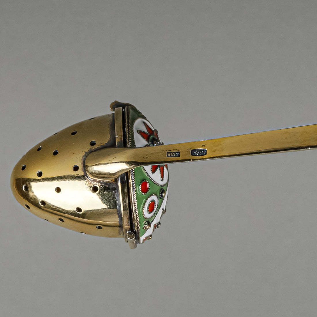 Russian 916 Silver With Enamel Vermeil Tea Stainer
