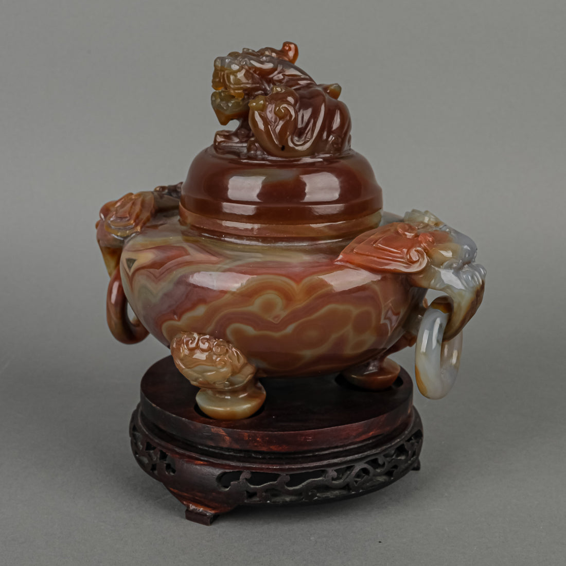Carved Agate Lidded Censer And Stand