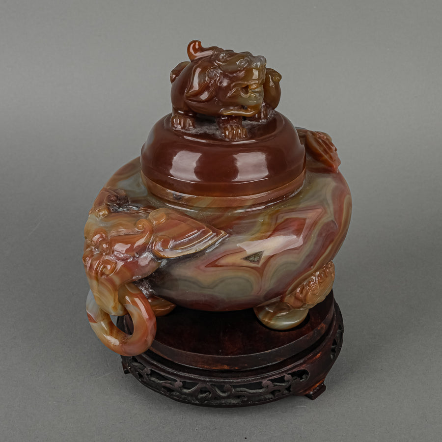 Carved Agate Lidded Censer And Stand