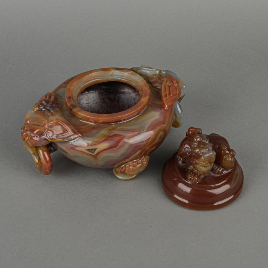 Carved Agate Lidded Censer And Stand