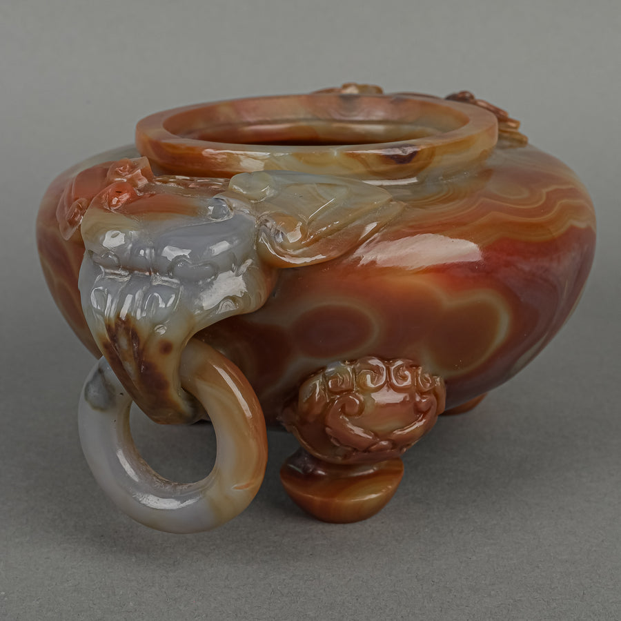 Carved Agate Lidded Censer And Stand