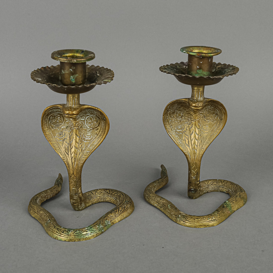 Vintage Indian Brass Cobra Candleholders Set Of 2