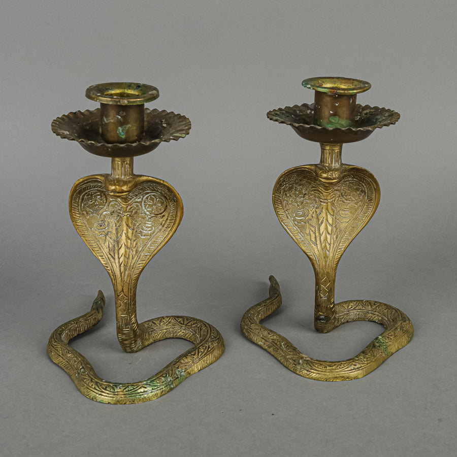 Vintage Indian Brass Cobra Candleholders Set Of 2