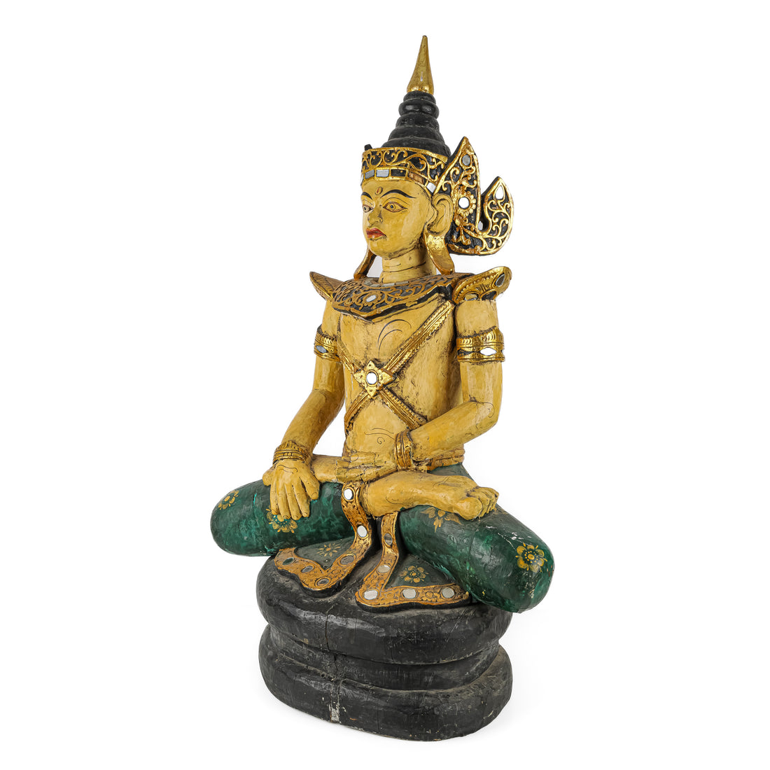 Thai Style Painted Wooden Figure Seated Buddha