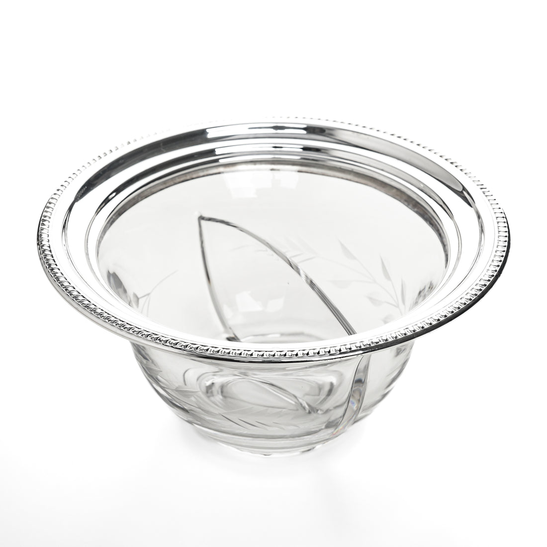 INTERNATIONAL SILVER Sterling Silver Rim Etched Glass Divided Bowl S71