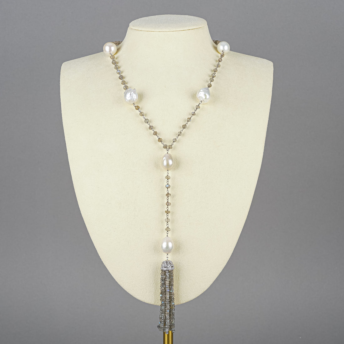 Sterling Moonstone Rondelle Baroque Pearl Lariat Necklace