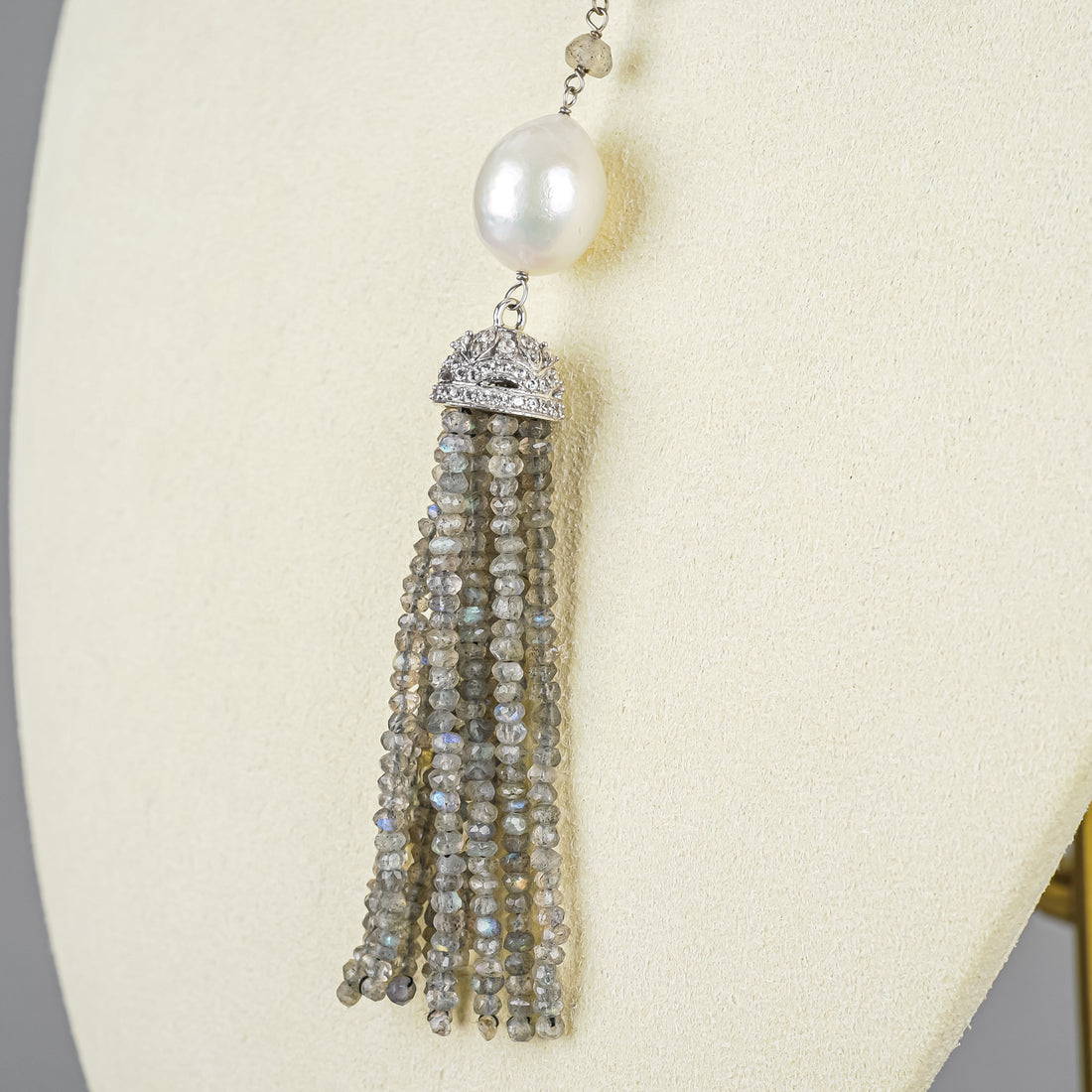 Sterling Moonstone Rondelle Baroque Pearl Lariat Necklace