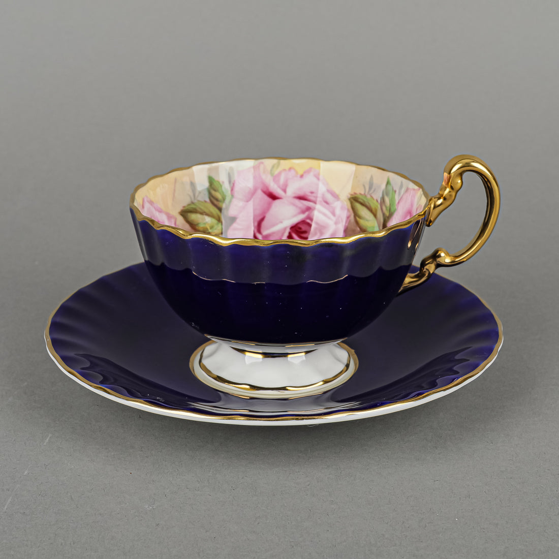 AYNSLEY Cup & Saucer C1031 Hand Painted Cabbage Roses - Cobalt Ground