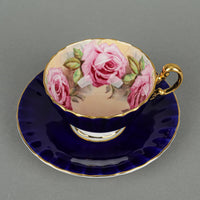 AYNSLEY Cup & Saucer C1031 Hand Painted Cabbage Roses - Cobalt Ground