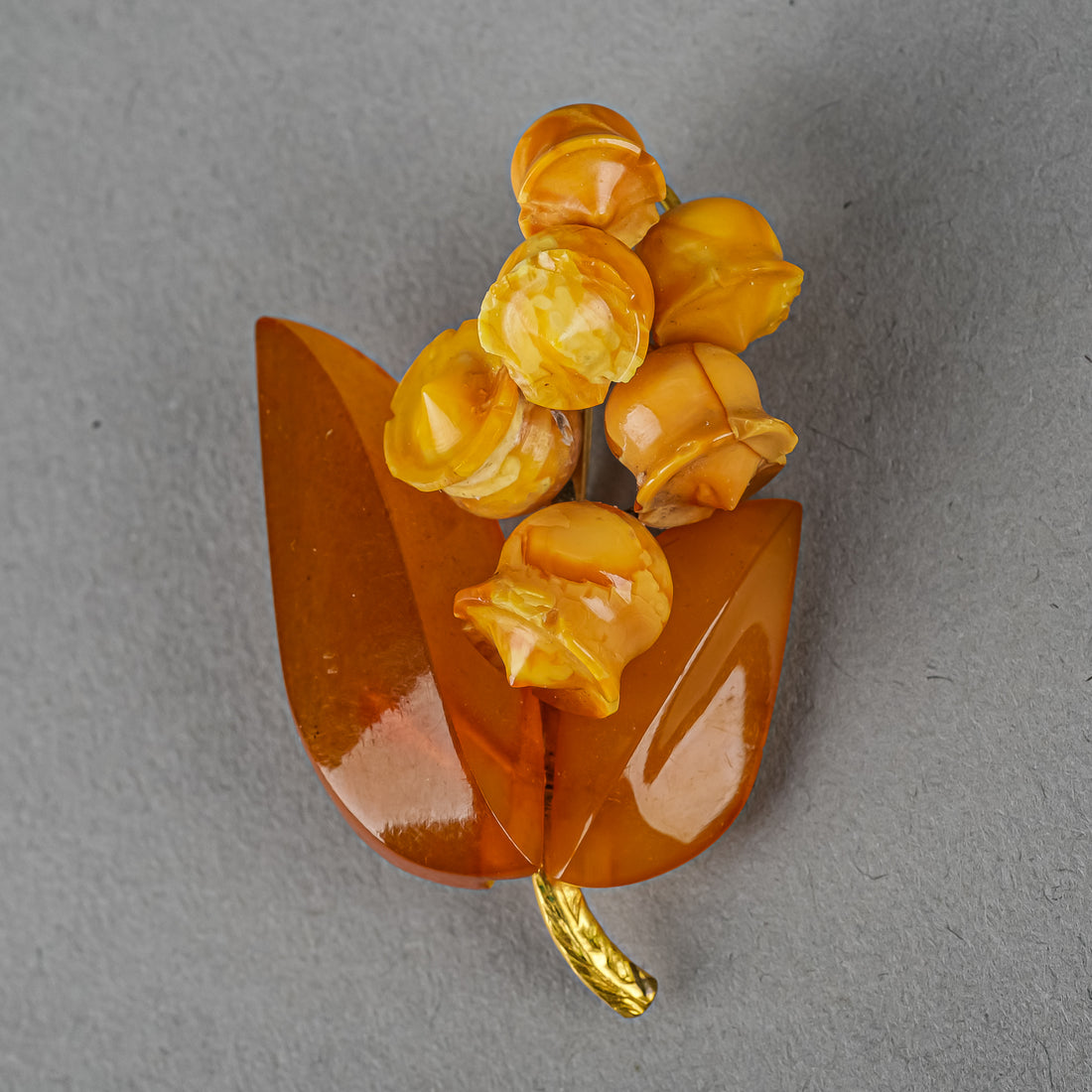 Gold Plated Carved Amber Lily of the Valley Bouquet Brooch
