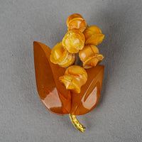 Gold Plated Carved Amber Lily of the Valley Bouquet Brooch