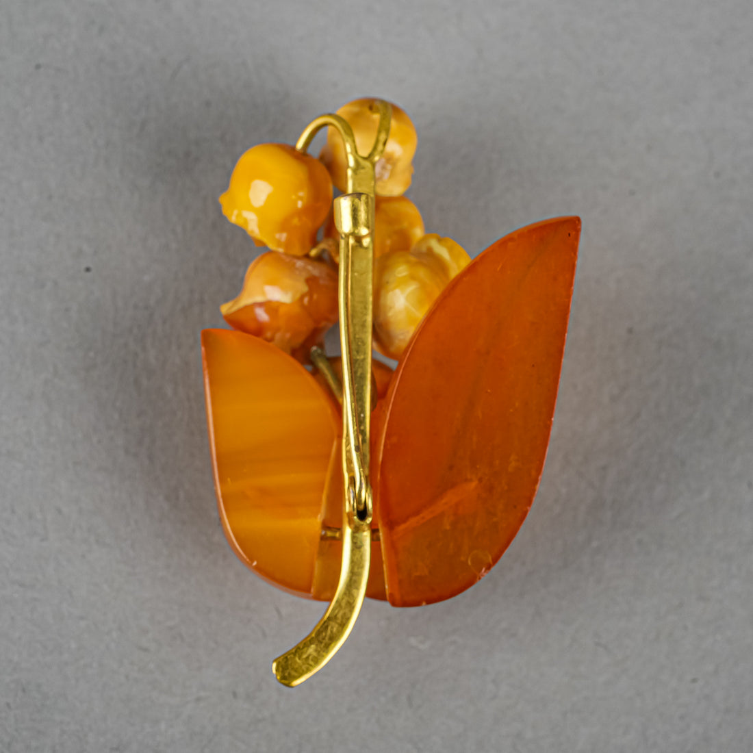 Gold Plated Carved Amber Lily of the Valley Bouquet Brooch