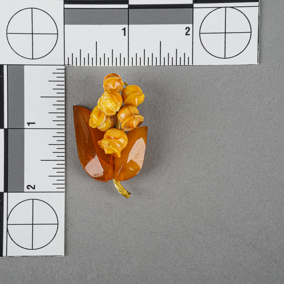 Gold Plated Carved Amber Lily of the Valley Bouquet Brooch