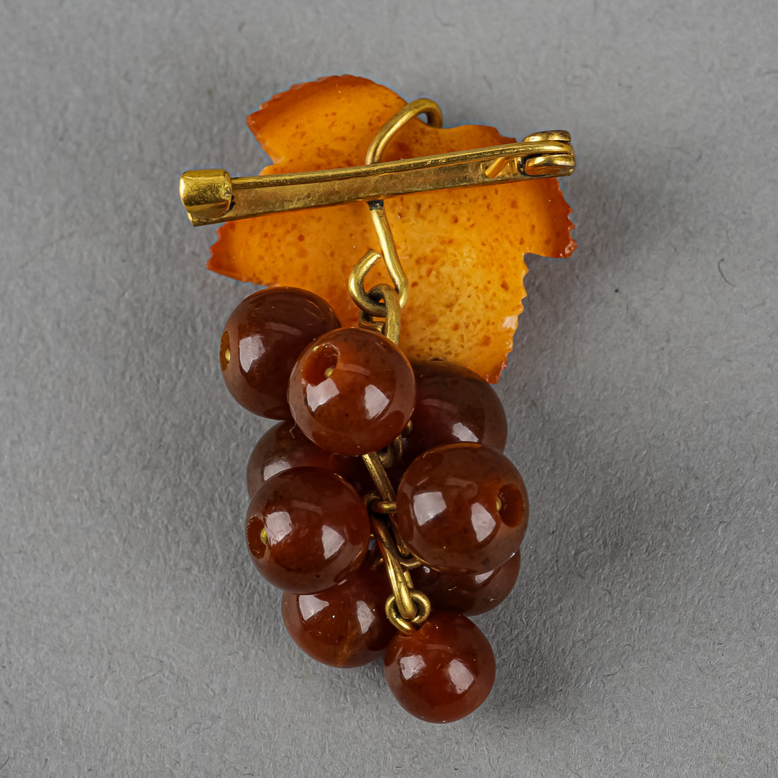 Gold Plated Two-Tone Amber Grapes And Leaf Brooch