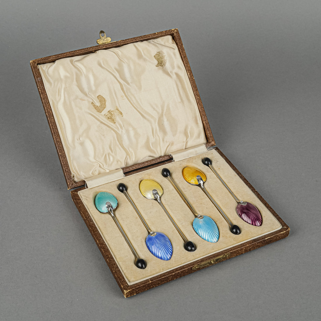 BARKER BROS Enamel Sterling Coffee Spoons Set Of 6 Boxed