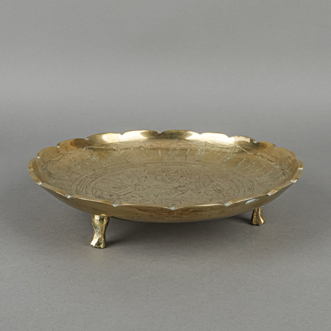 Chinese Etched Brass Footed Dish