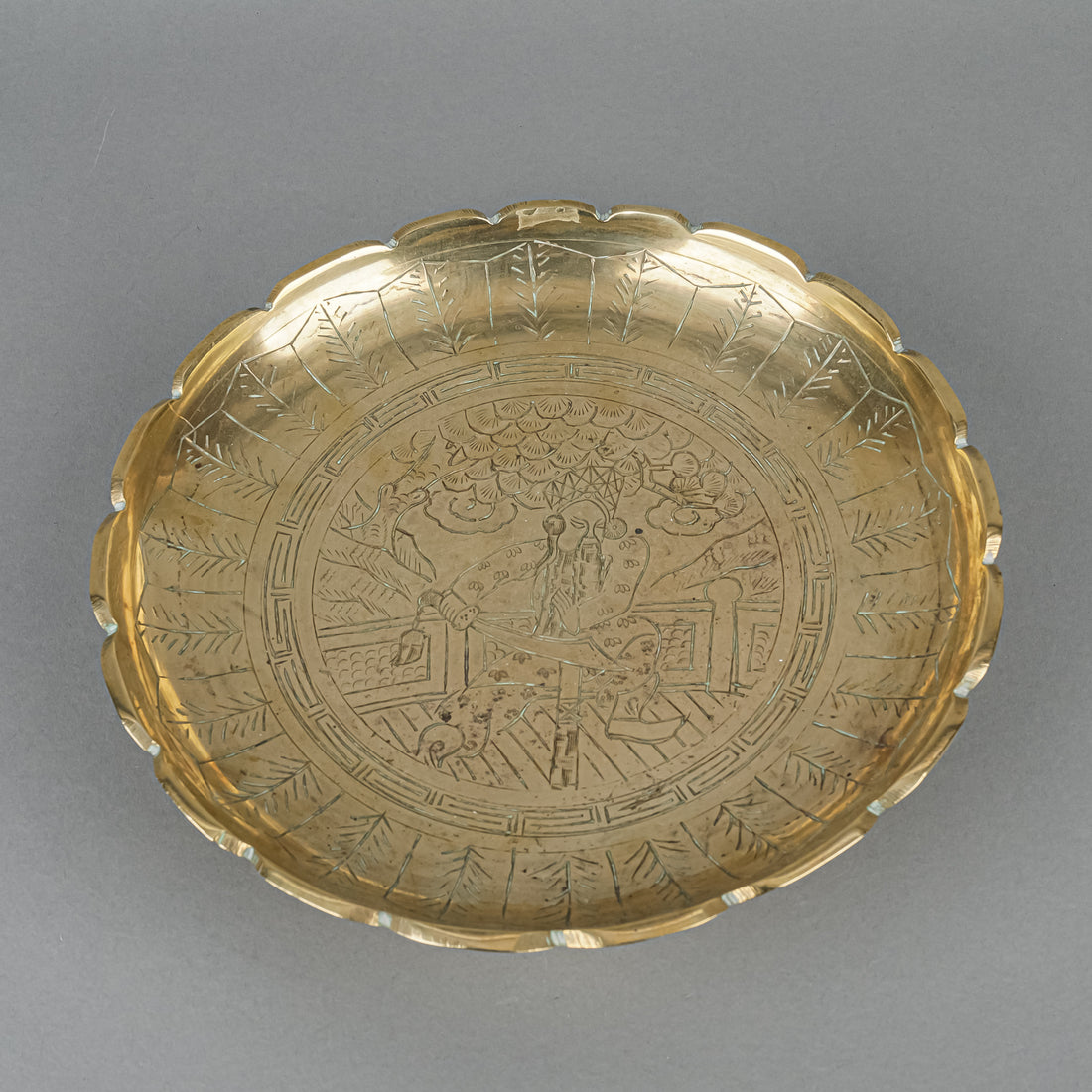 Chinese Etched Brass Footed Dish