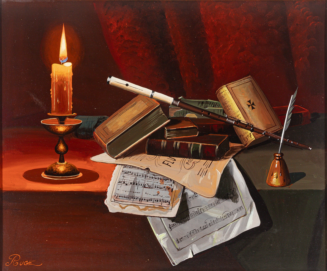 K. Ruge Still Life With Flute And Books - Oil on Canvas