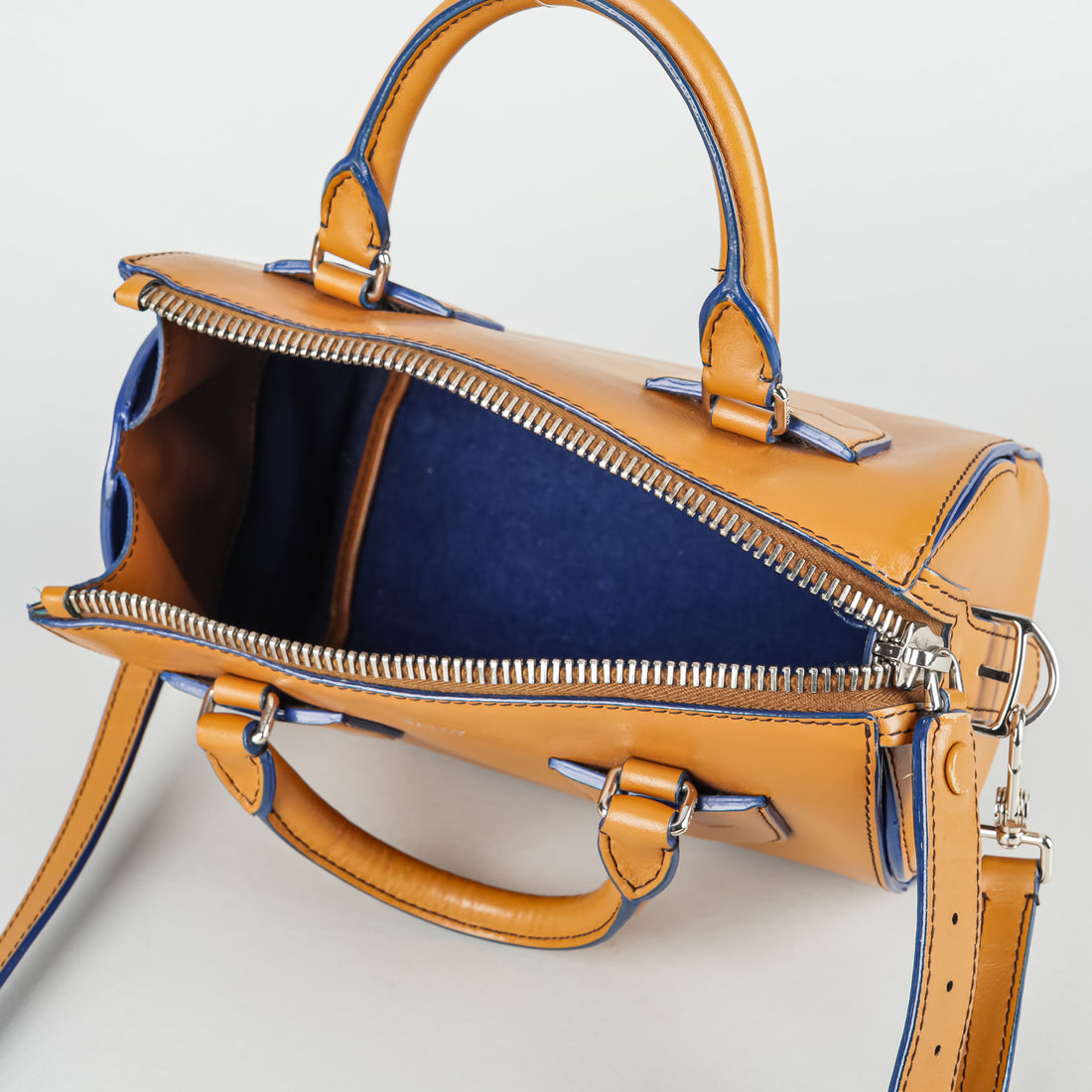 BALLY Small Bloom Boston Bag - Tan With Blue Trim Handbag