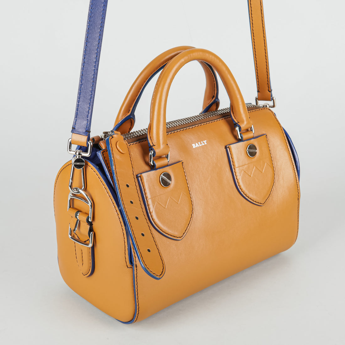 BALLY Small Bloom Boston Bag - Tan With Blue Trim Handbag