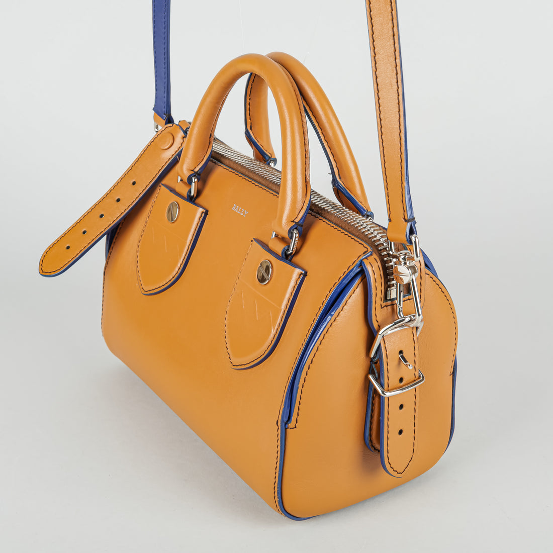 BALLY Small Bloom Boston Bag - Tan With Blue Trim Handbag