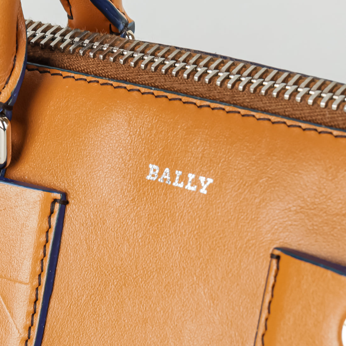 BALLY Small Bloom Boston Bag - Tan With Blue Trim Handbag