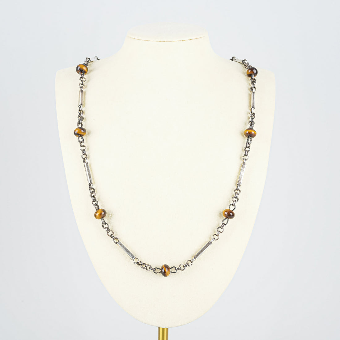 Vintage RAE Sterling Silver With Tiger Eye Bead Link Necklace