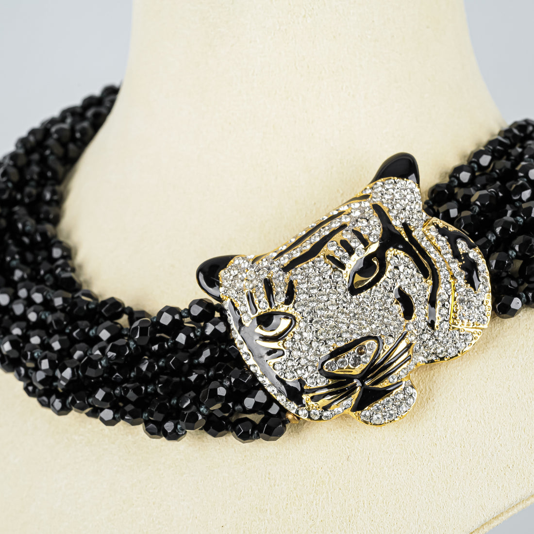 KENNETH LANE Gold Tone Clear Cubic Zircona Glass Bead Tiger Necklace