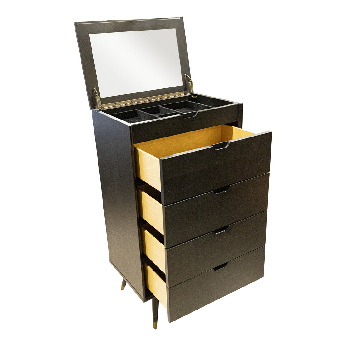 Black Stained Modern Dresser With Flip-Top Jewelry Cabinet - Around The Block Black Stained Modern Dresser With Flip-Top Jewelry Cabinet - Around The Block