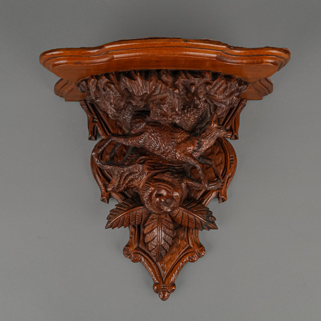 Swiss Black Forest Style Carved Wooden Wall Shelf
