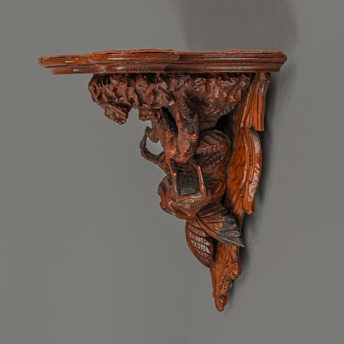 Swiss Black Forest Style Carved Wooden Wall Shelf