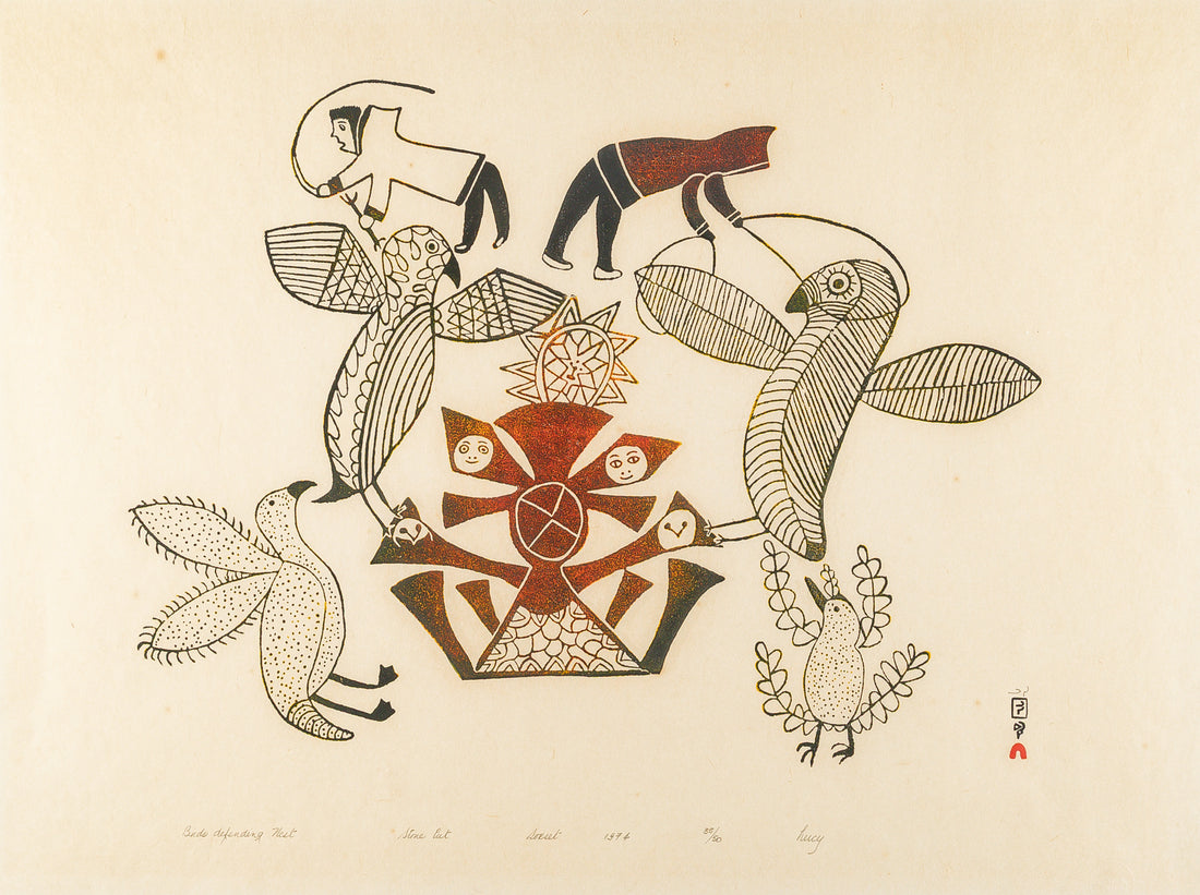 Lucy Qinnuayuak (Cape Dorset 1915-1982) "Birds Defending Nest"