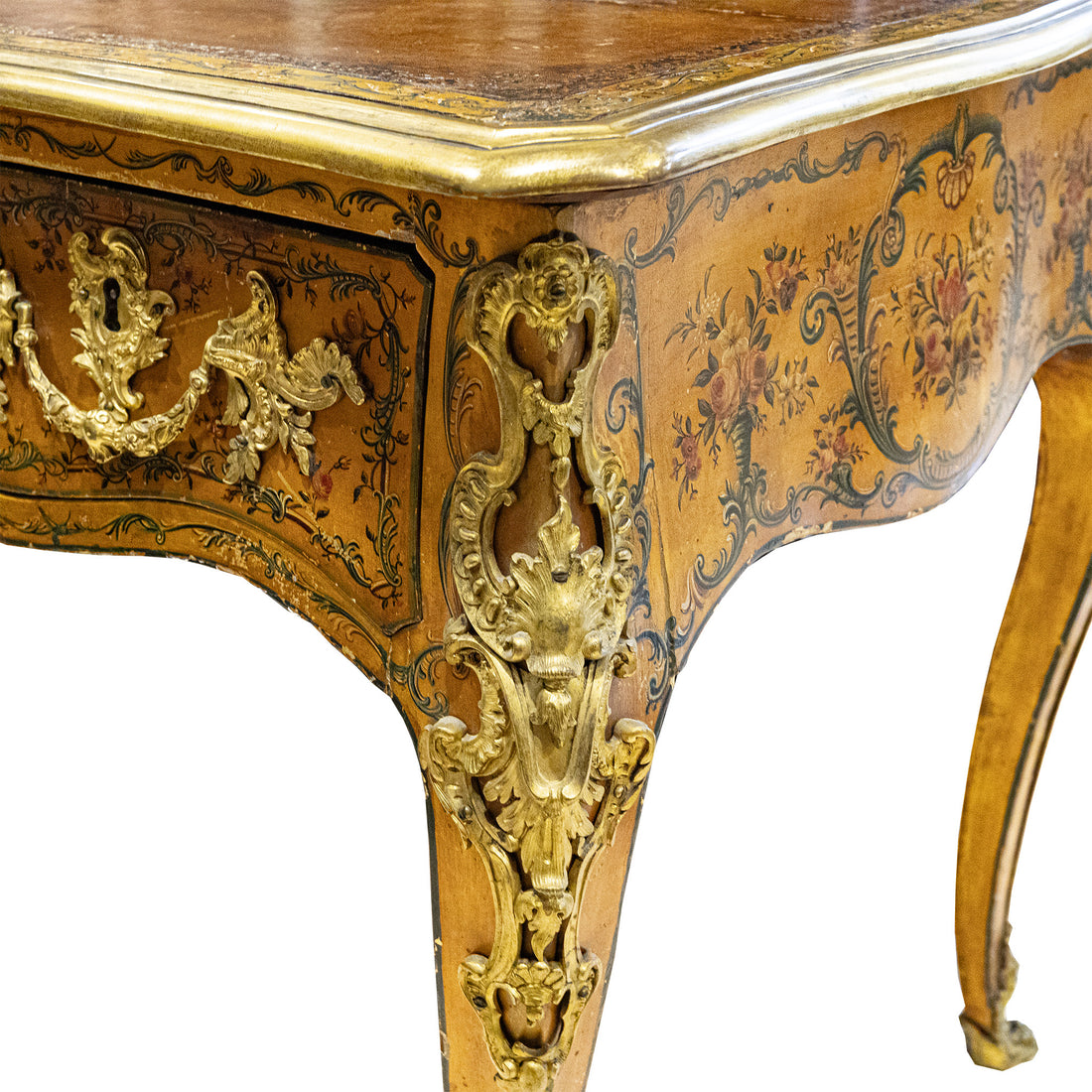 Vintage Louis XV Style Hand Painted And Gilt Bronze Leather Top Desk