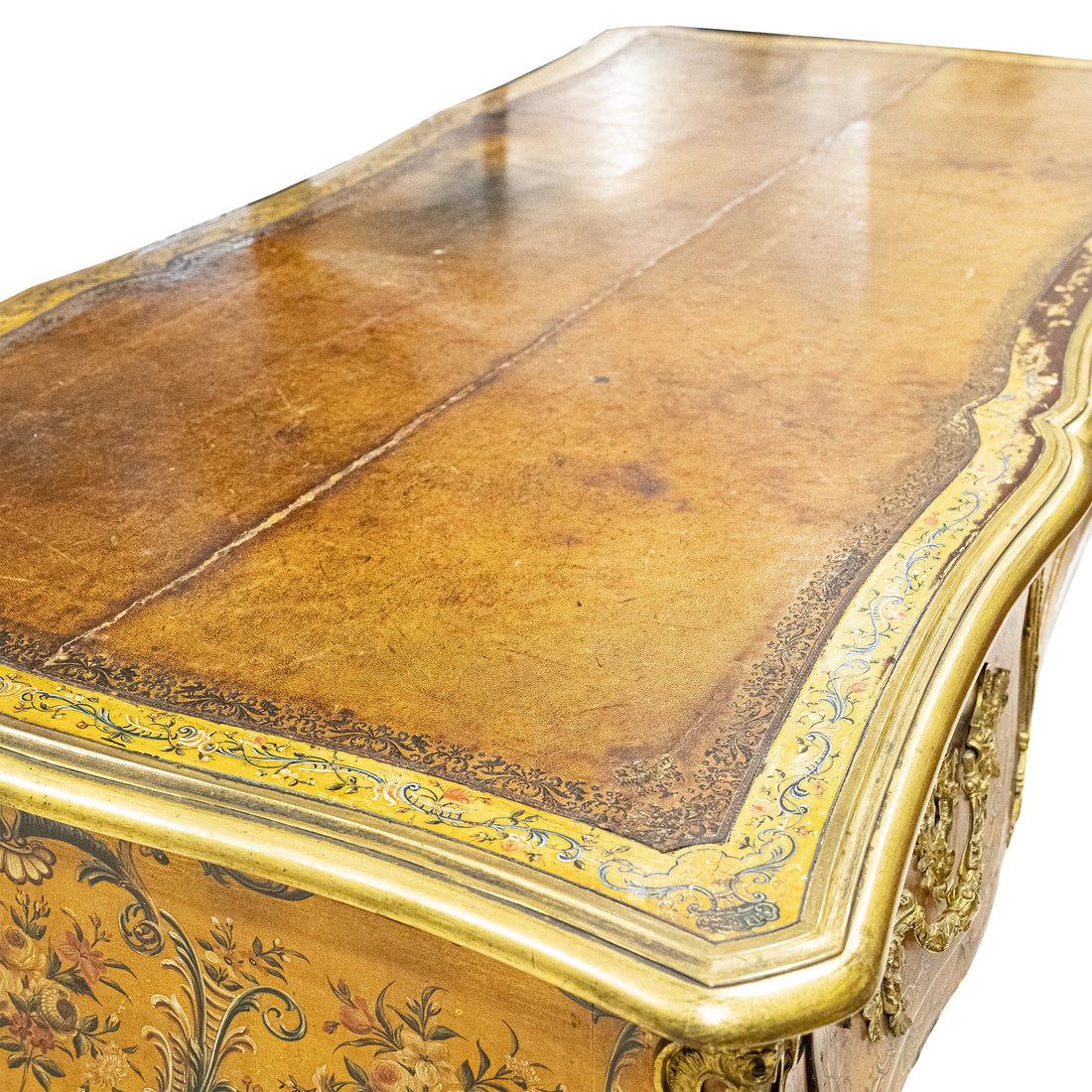 Vintage Louis XV Style Hand Painted And Gilt Bronze Leather Top Desk