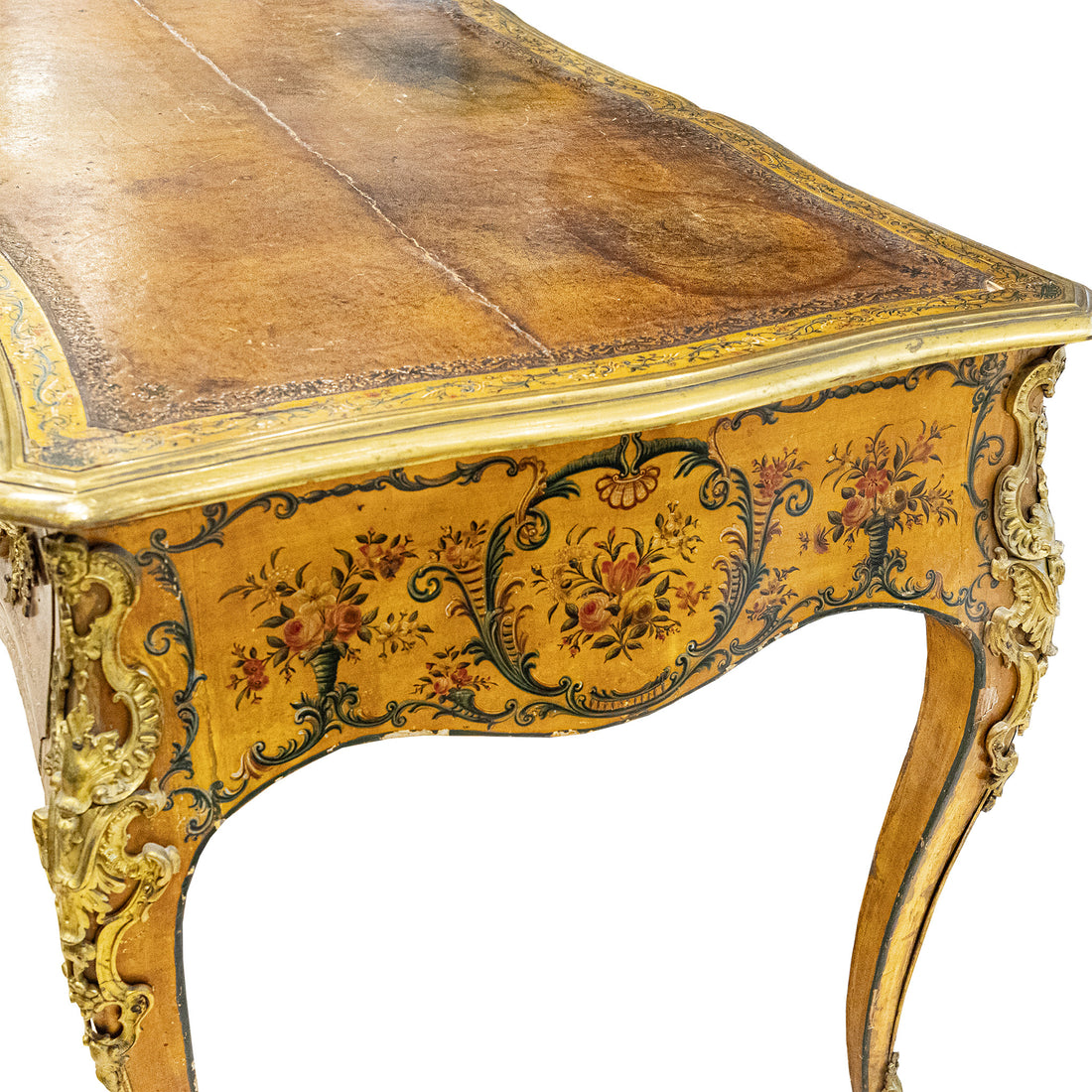 Vintage Louis XV Style Hand Painted And Gilt Bronze Leather Top Desk