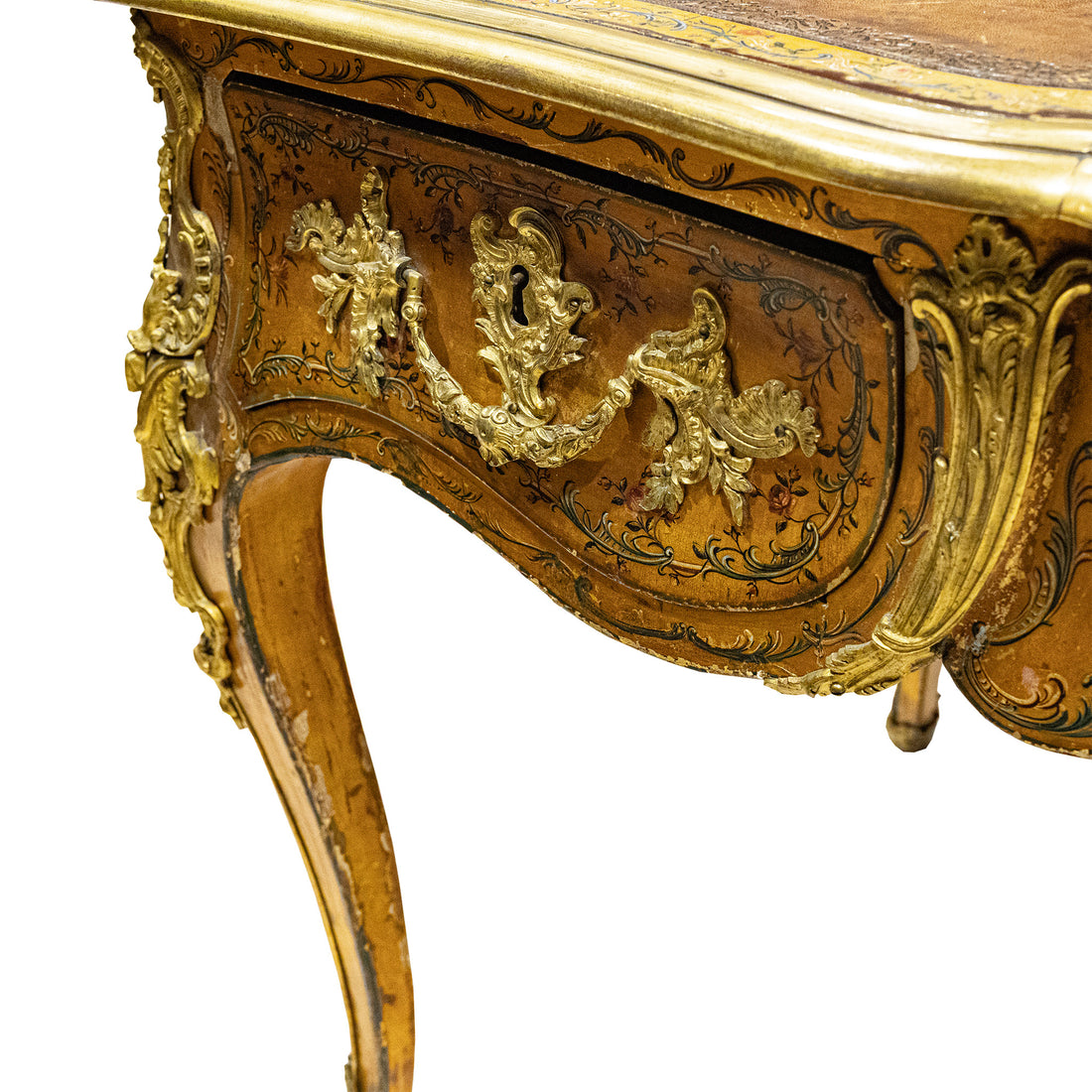 Vintage Louis XV Style Hand Painted And Gilt Bronze Leather Top Desk