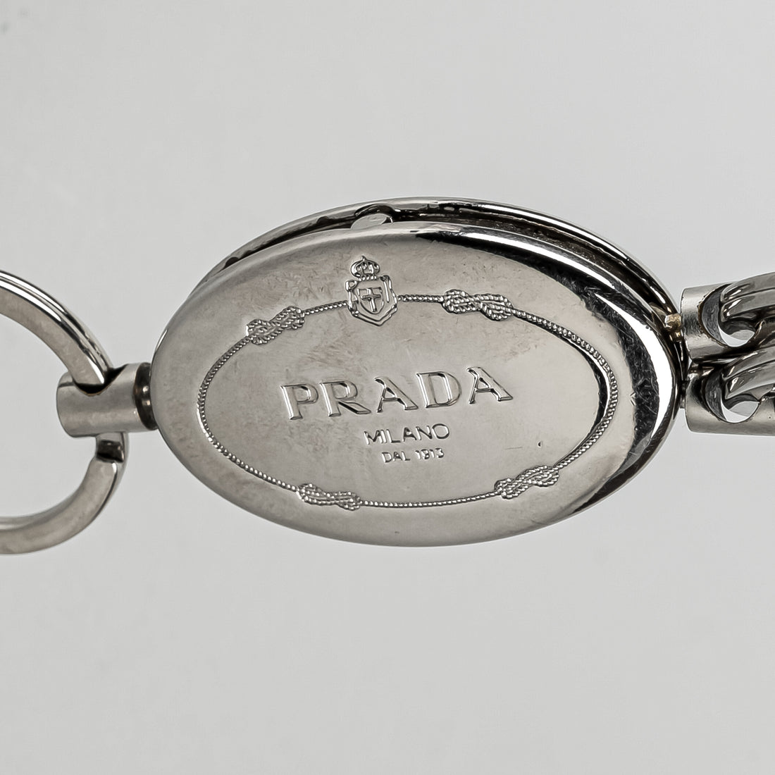 PRADA Silver Tone Oval 3 Ring Key Chain