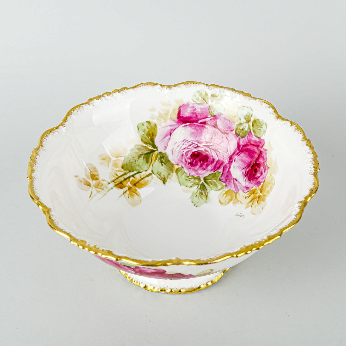 JEAN POUYAT Limoges Hand Painted Roses Footed Bowl