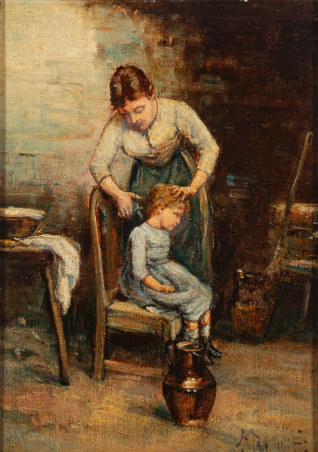 Unknown Artist - Mother Cutting Child's Hair - Oil on Canvas Board