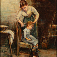 Unknown Artist - Mother Cutting Child's Hair - Oil on Canvas Board