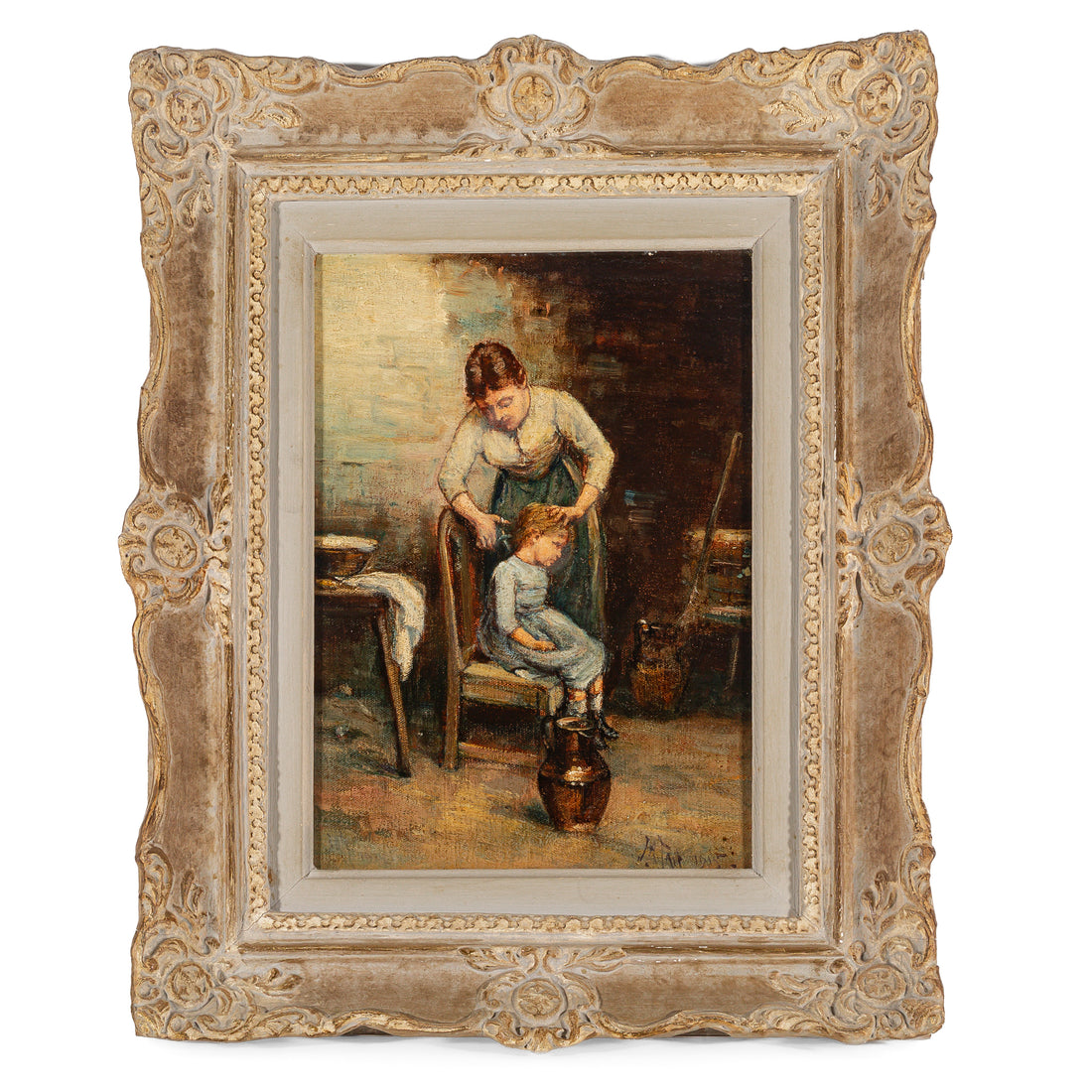 Unknown Artist - Mother Cutting Child's Hair - Oil on Canvas Board